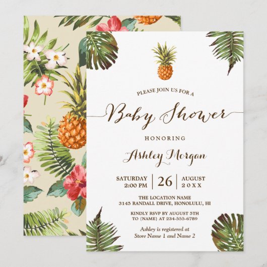 Invitation Baby shower d'été de l'ananas Feuille tropical (Devant / Derrière)