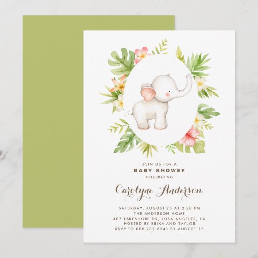 Invitation Baby shower d'été des éléphants d'aquarelle tropic (Devant / Derrière)