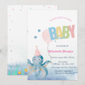 Invitation Baby shower d'été du ballon d'octopus d'aquarelle (Devant / Derrière)