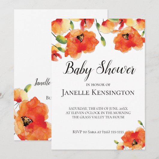 Invitation Baby shower d'été Golden Poppy (Devant / Derrière)