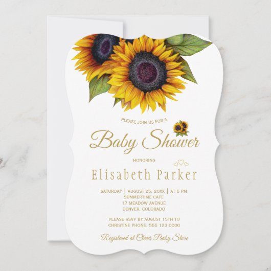 Invitation Baby shower d'été rustique élégant tournesol or (Devant)
