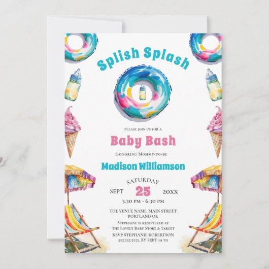 Invitation Baby shower d'été Splish Splash Baby Bash Code QR (Devant)