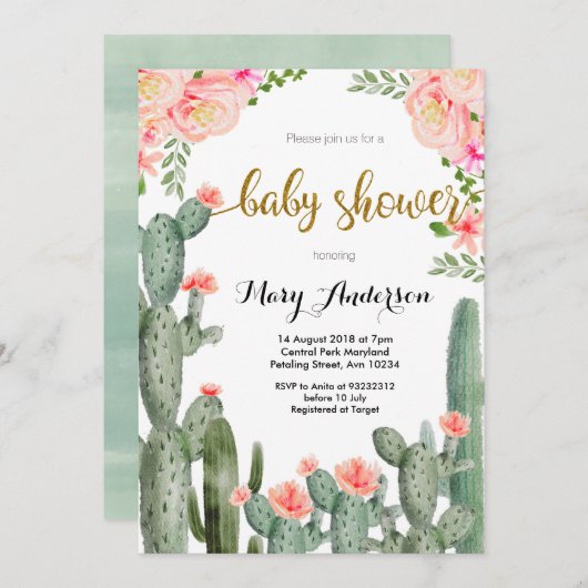 Invitation Baby shower d'été Succulent Floral de Pêche (Devant / Derrière)