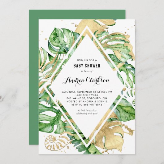 Invitation Baby shower d'été Tropical Feuille Gold Foil (Devant / Derrière)