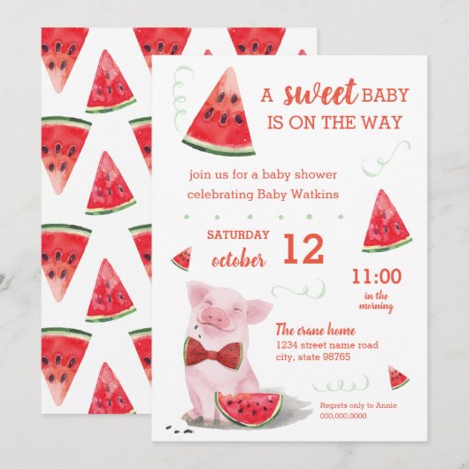 Invitation Baby shower d'été Watermelon Pig Sweet Baby (Devant / Derrière)