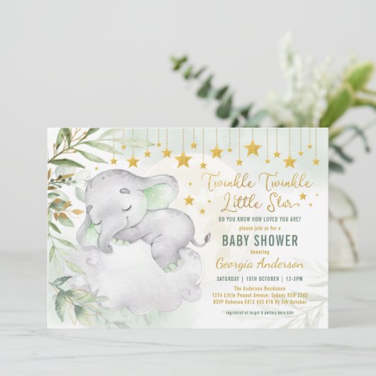 Invitation Baby shower d'étoiles de la lune d'or de verdure (Debout devant)