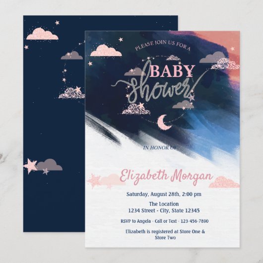 Invitation Baby shower d'étoiles et de nuages adorables (Devant / Derrière)