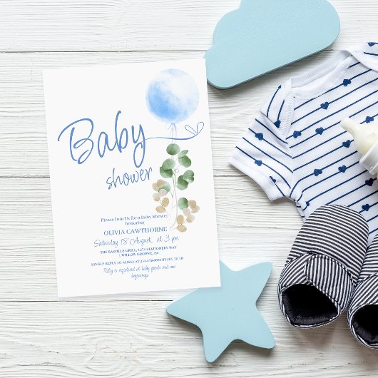 Invitation Baby shower d'Eucalyptus à Balloon Bleu