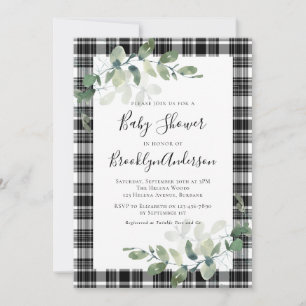 Invitation Baby shower d'Eucalyptus blanc noir