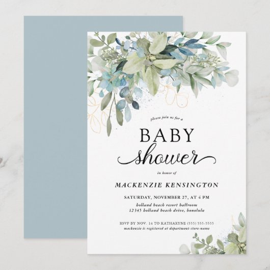 Invitation Baby shower d'Eucalyptus de couleur bleue (Devant / Derrière)