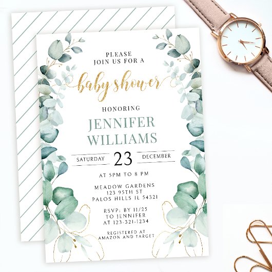 Invitation baby shower d'eucalyptus or vert