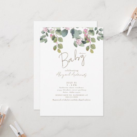 Invitation Baby shower d'Eucalyptus rose (Devant/Arrière en situation)