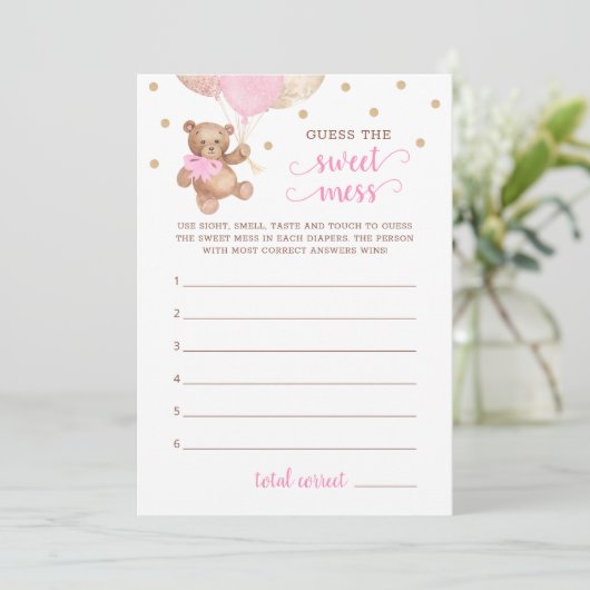 Invitation Baby shower Devinez La douce Mess Teddy Bear Card (Debout devant)