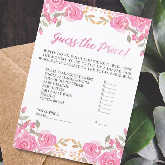 Invitation Baby shower Devinez le prix Pink Floral Game Card