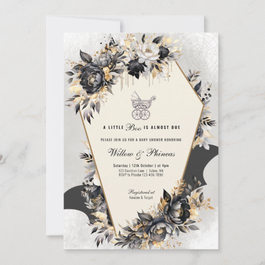 Invitation Baby shower d'Halloween Black et Gold Peonies (Devant)