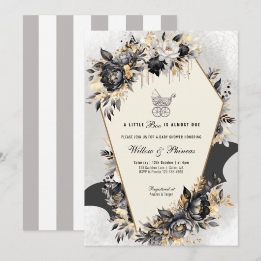 Invitation Baby shower d'Halloween Black et Gold Peonies (Devant / Derrière)