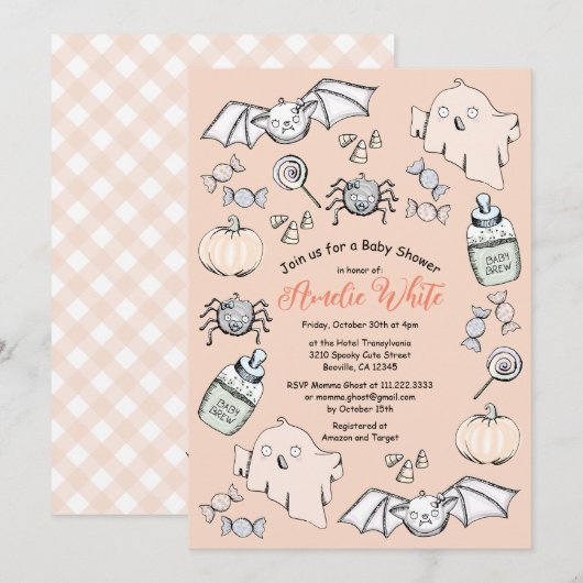 Invitation Baby shower d'Halloween, chauve-souris et araignée (Devant / Derrière)