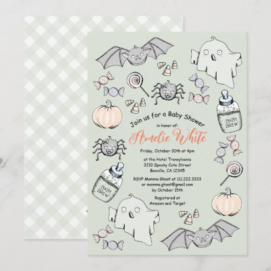 Invitation Baby shower d'Halloween, chauve-souris et araignée (Devant / Derrière)