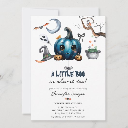 Invitation Baby shower d'Halloween | Citrouille bleu (Devant)