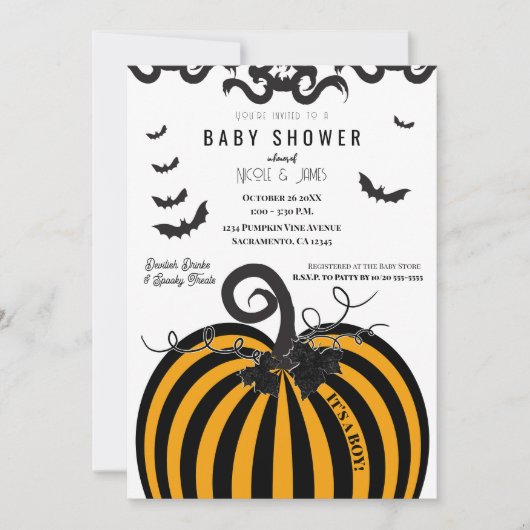 Invitation Baby shower d'Halloween Citrouille noir et orange (Devant)