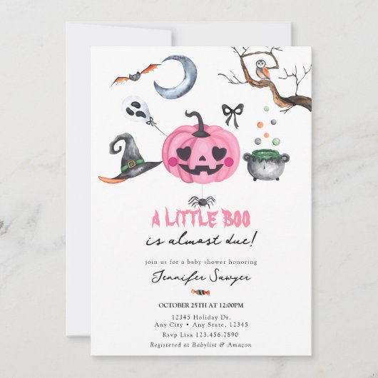 Invitation Baby shower d'Halloween | Citrouille rose (Devant)