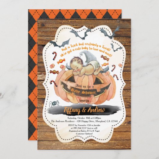 Invitation Baby shower d'Halloween citrouille rustique (Devant / Derrière)