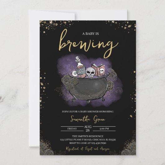 Invitation Baby shower d'Halloween gothique d'or pourpre (Devant)
