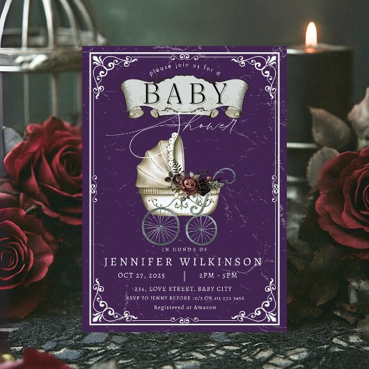 Invitation Baby shower d'Halloween gothique vintage violet