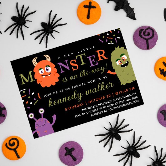 Invitation Baby shower d'Halloween Green Orange Little Monste