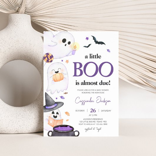 Invitation Baby shower d'Halloween Little Boo violet