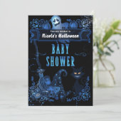 Invitation Baby shower d'Halloween magique Chat Bleu Lumières (Debout devant)