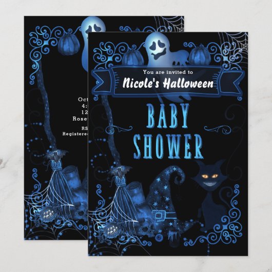 Invitation Baby shower d'Halloween magique Chat Bleu Lumières (Devant / Derrière)