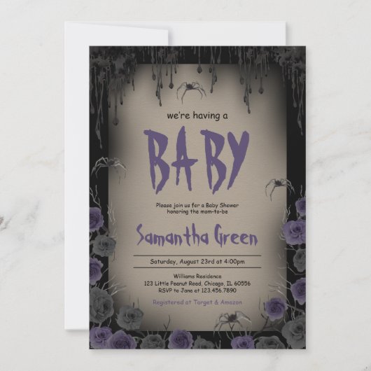 Invitation Baby shower d'Halloween pourpre pour bébé fille (Devant)