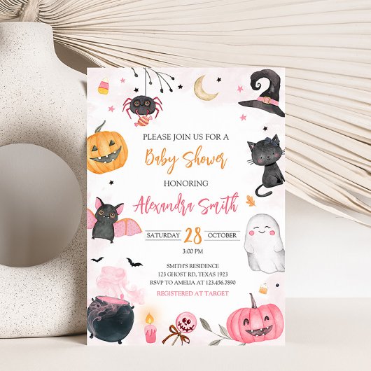Invitation Baby shower d'Halloween rose