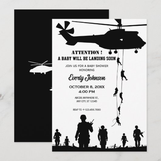 Invitation baby shower d'hélicoptères militaires (Devant / Derrière)