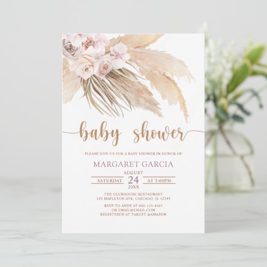 Invitation Baby shower d'herbe Bohemian Boho Pampas (Debout devant)