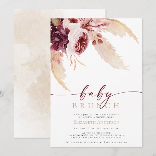 Invitation Baby shower d'herbe tropicale Pampas de Bohême Bru (Devant / Derrière)