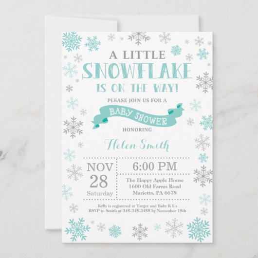 Invitation Baby shower d'hiver Aqua Flocon de neig (Devant)