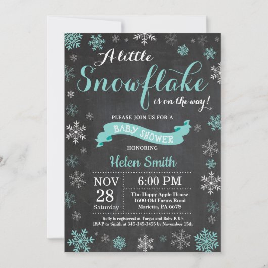 Invitation Baby shower d'hiver Aqua Snowflake Chalkboard (Devant)