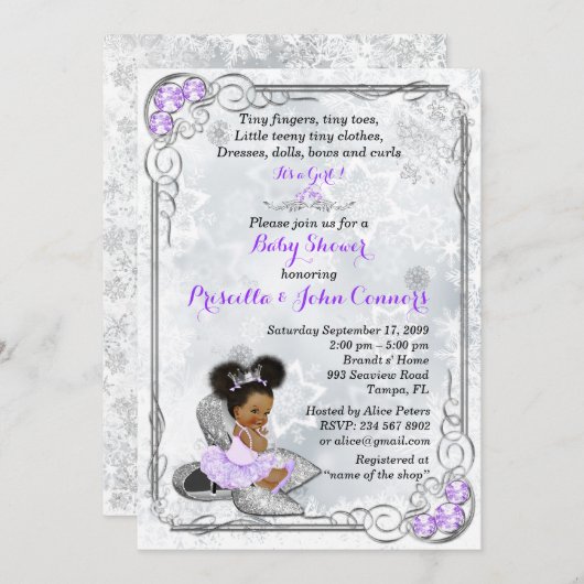 Invitation Baby shower d'hiver, Bébé fille, Violet (Devant / Derrière)