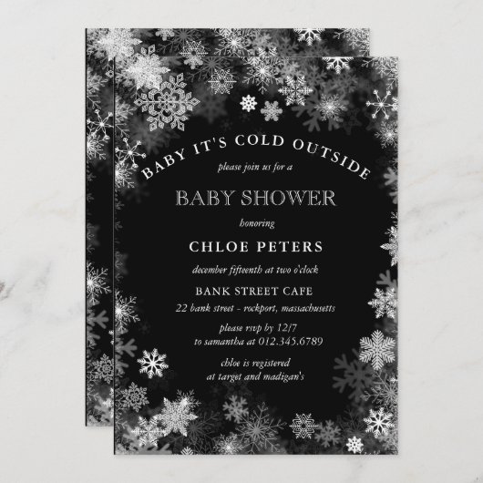 Invitation Baby shower d'hiver Black White Snowflake (Devant / Derrière)