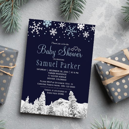 Invitation Baby shower d'hiver bleu marine blanc