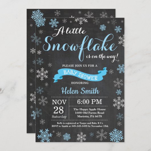 Invitation Baby shower d'hiver Blue Snowflake Chalkboard (Devant / Derrière)