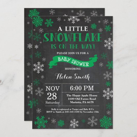 Invitation Baby shower d'hiver Chalet de flocons de neige ver (Devant / Derrière)