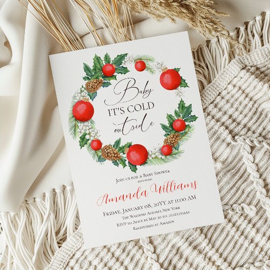 Invitation Baby shower d'hiver de la couronne de Noël à l'ext