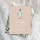 Invitation Baby shower d'hiver de la fille rose pingouin bébé<br><div class="desc">Un thème de baby shower d'hiver avec l'illustration d'un pingouin de bébé entouré de flocons de neige. L'Arrière - plan est rose. Customisez le texte avec les détails de votre occasion.</div>