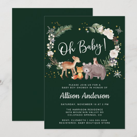Invitation Baby shower d'hiver de l'aquarelle des animaux des (Devant / Derrière)