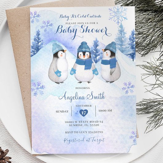 Invitation Baby shower d'hiver de Pingouin blanc