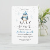 Invitation Baby shower d'hiver de Pingouin de garçon bleu mou (Debout devant)