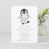 Invitation Baby shower d'hiver de pingouin gris simple (Debout devant)